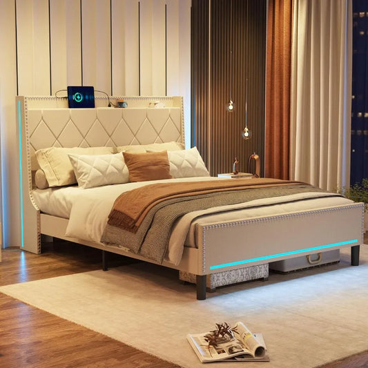 Queen Size Bed Frame With LED Headboard Builtin Charging Station And Storage