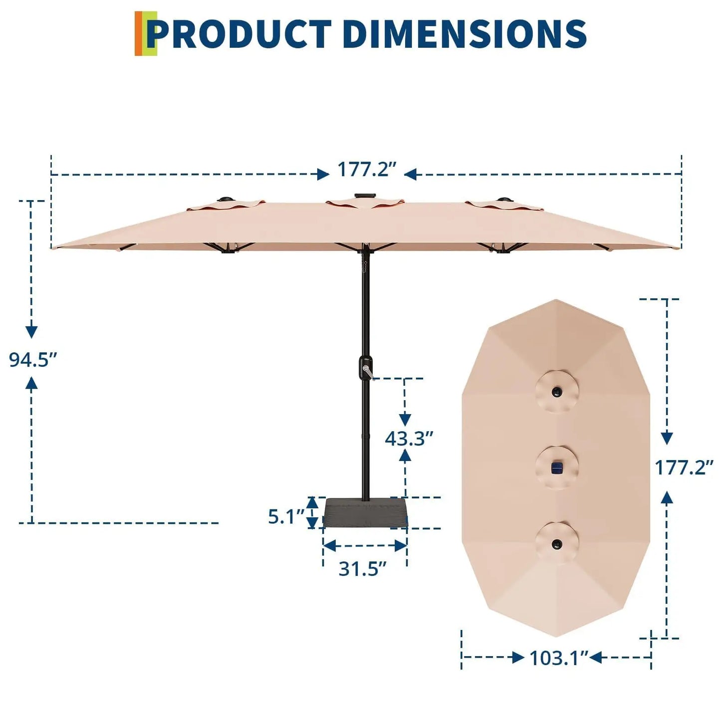 15ft Patio Umbrella With Solar LED Lights Base Included Large Rectangle Shade
