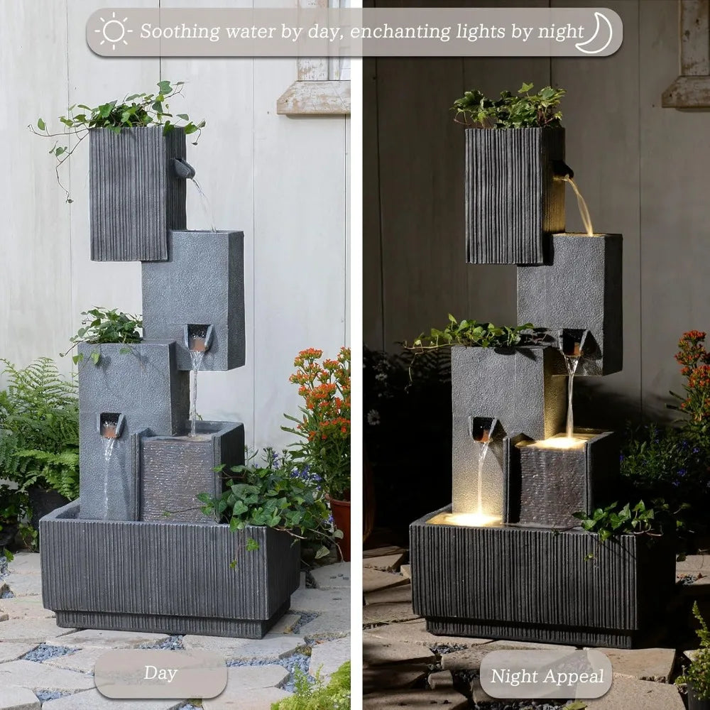 Outdoor Waterfall Fountain With Led Lights – 41.3" Tiered Resin Garden Fountain For Patio, Yard, Or Backyard