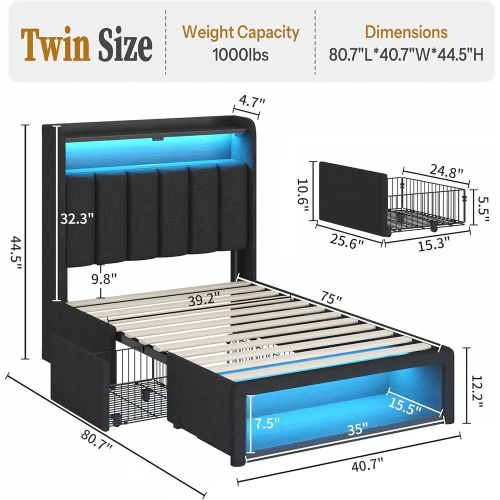 Twin Bed Frame With LED Lights And Charging Station Upholstered Storage Bed