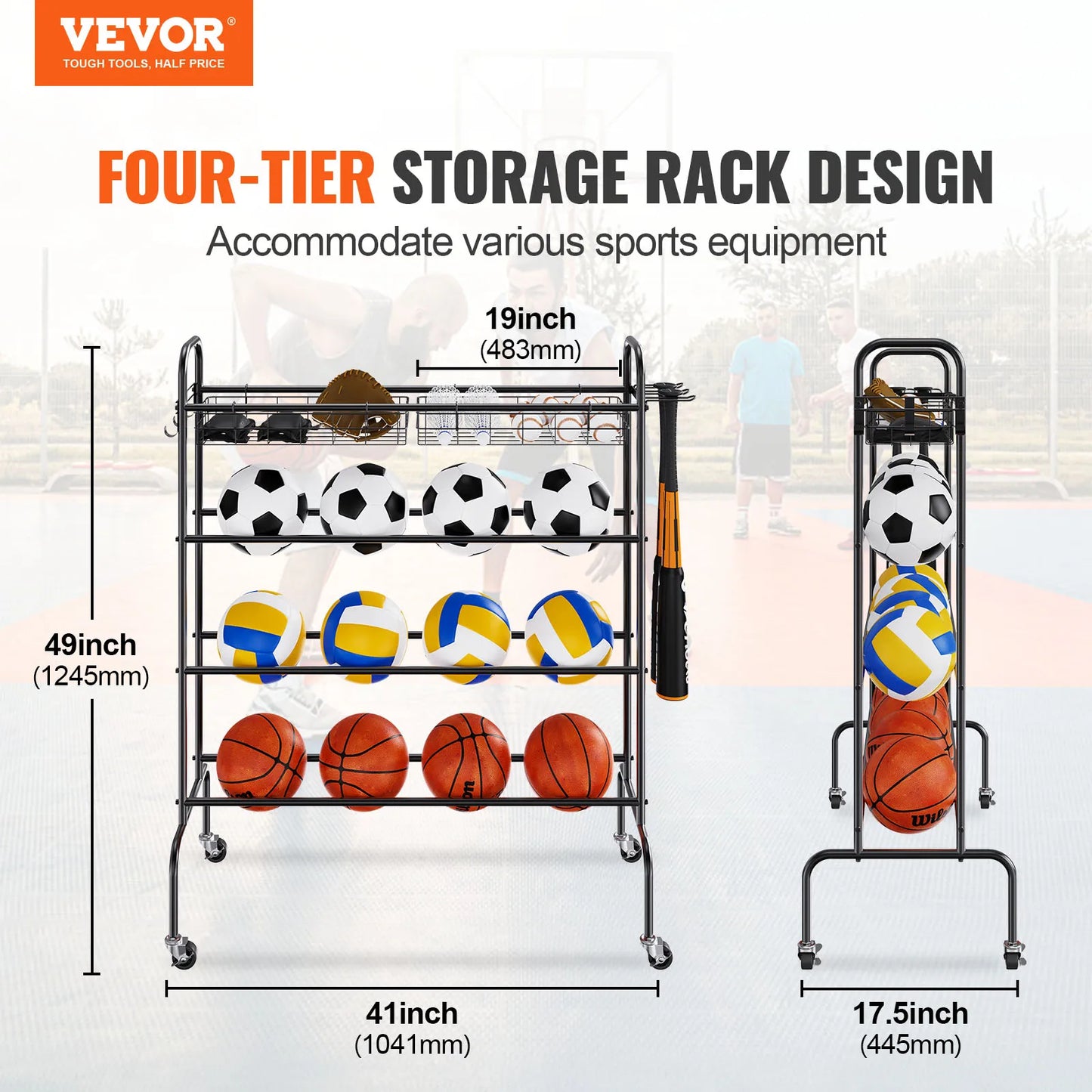 VEVOR Four Layer Rolling Basketball Rack with Wheels Storage Organizer