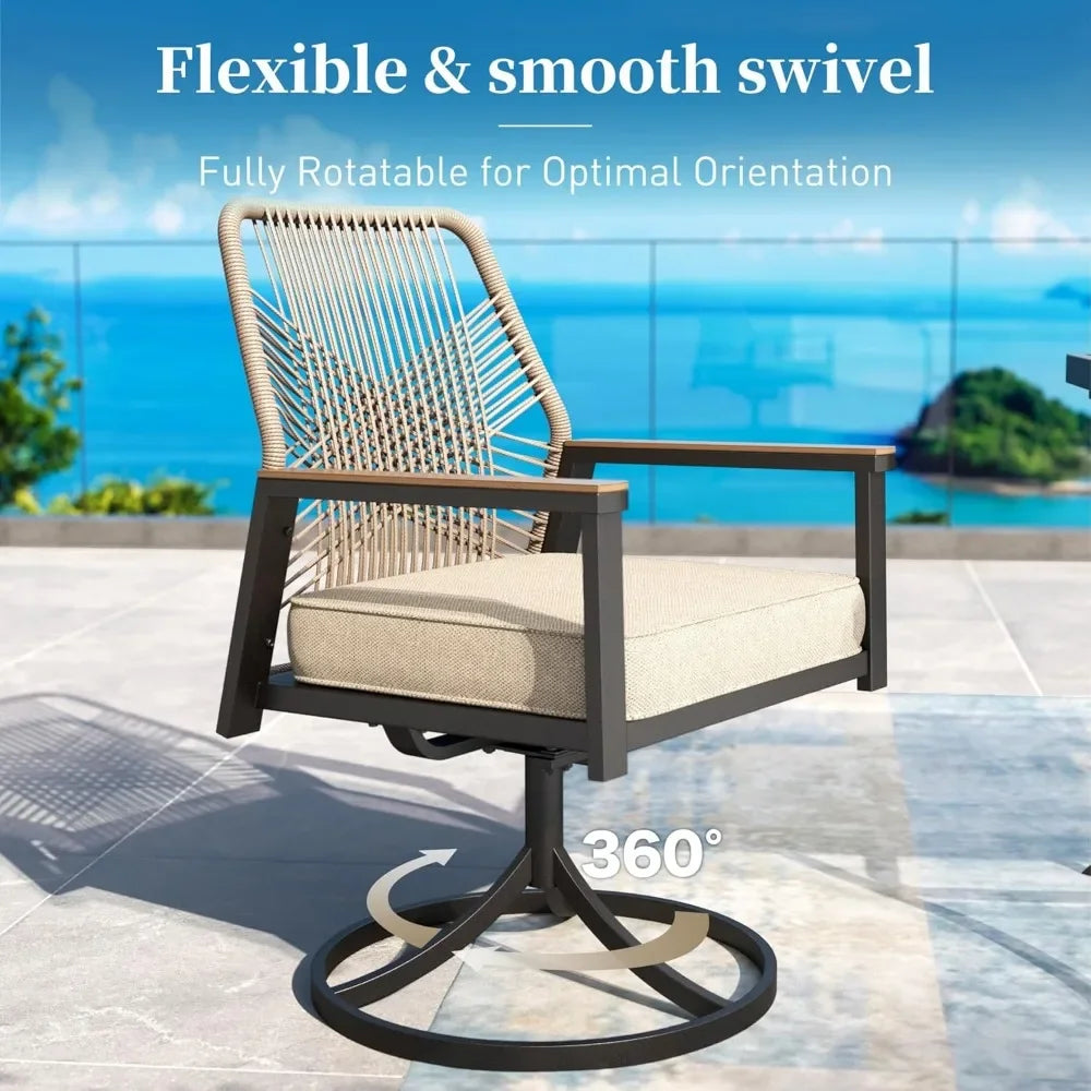 Patio Dining Set 5 Piece, 4 x Woven Rattan Swivel Chairs with Waterproof Cushion, 42” Metal Round Dining Table