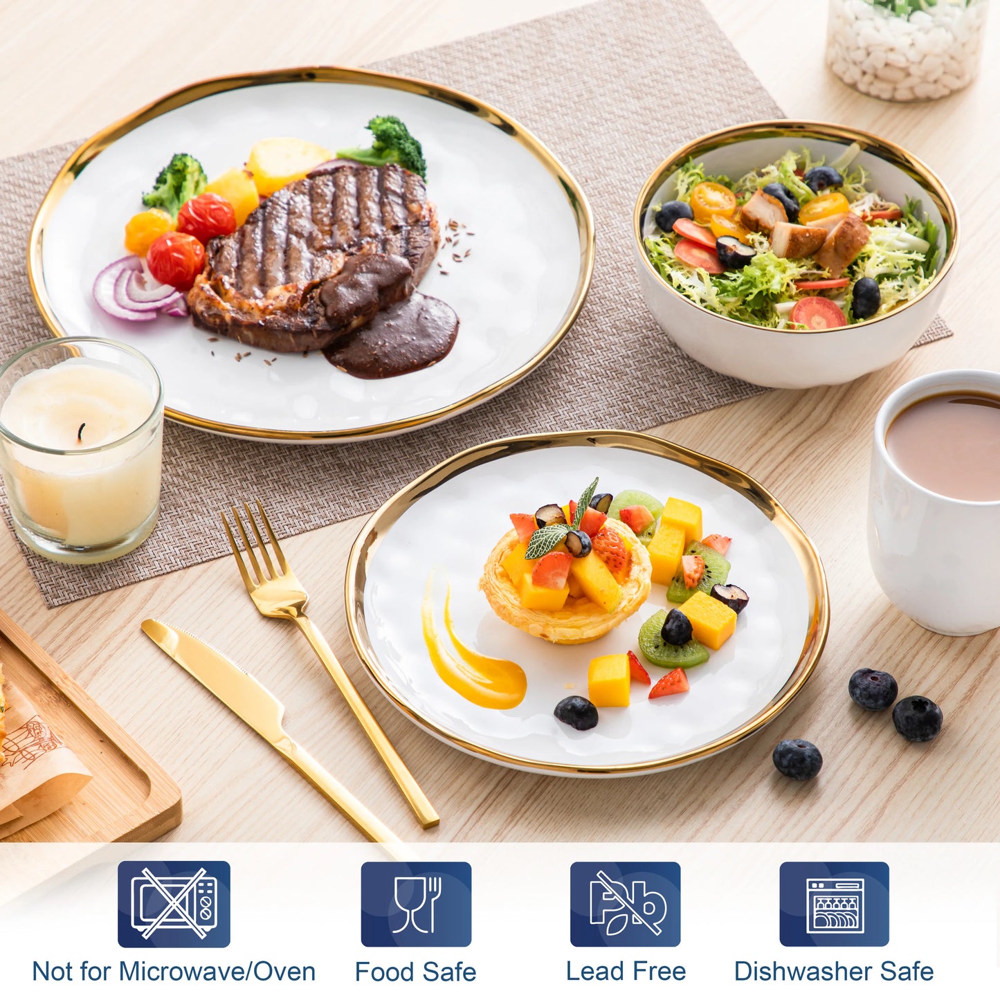 LoveCasa White Handmade Stoneware Dinnerware Set With Gold Trim 16 And 32 Piece