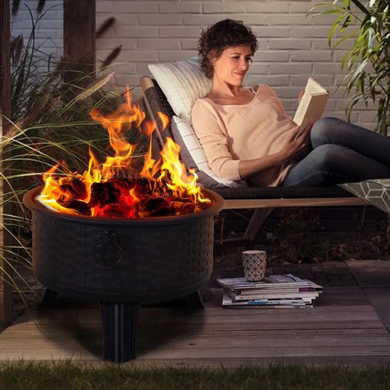 26 Inch Outdoor Wood Burning Fire Pit With Poker And Cover