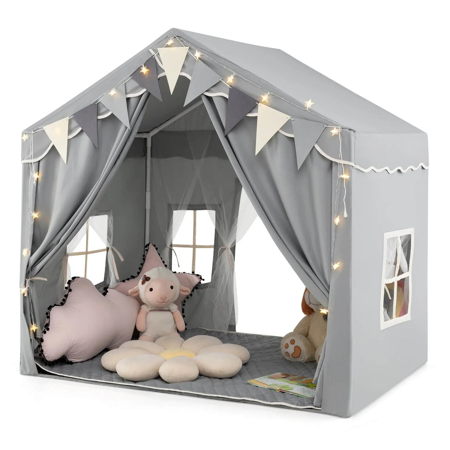 3-4 Kids Large Play Tent House w/ 2 Opening Doors Star Lights & Plaid Pennants