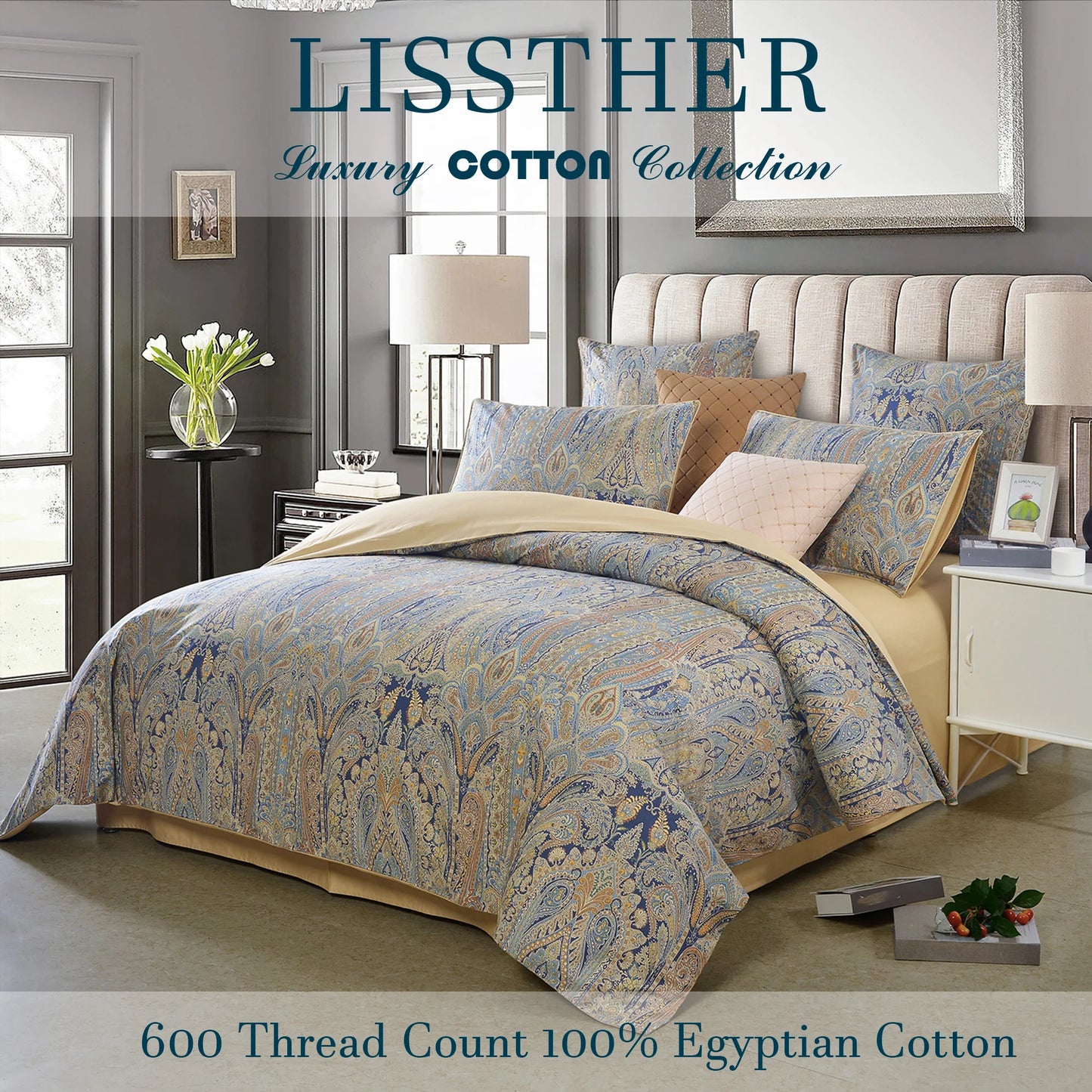 3Pc 600TC 100 Percent Egyptian Cotton Duvet Cover Set Bohemian Paisley Royal