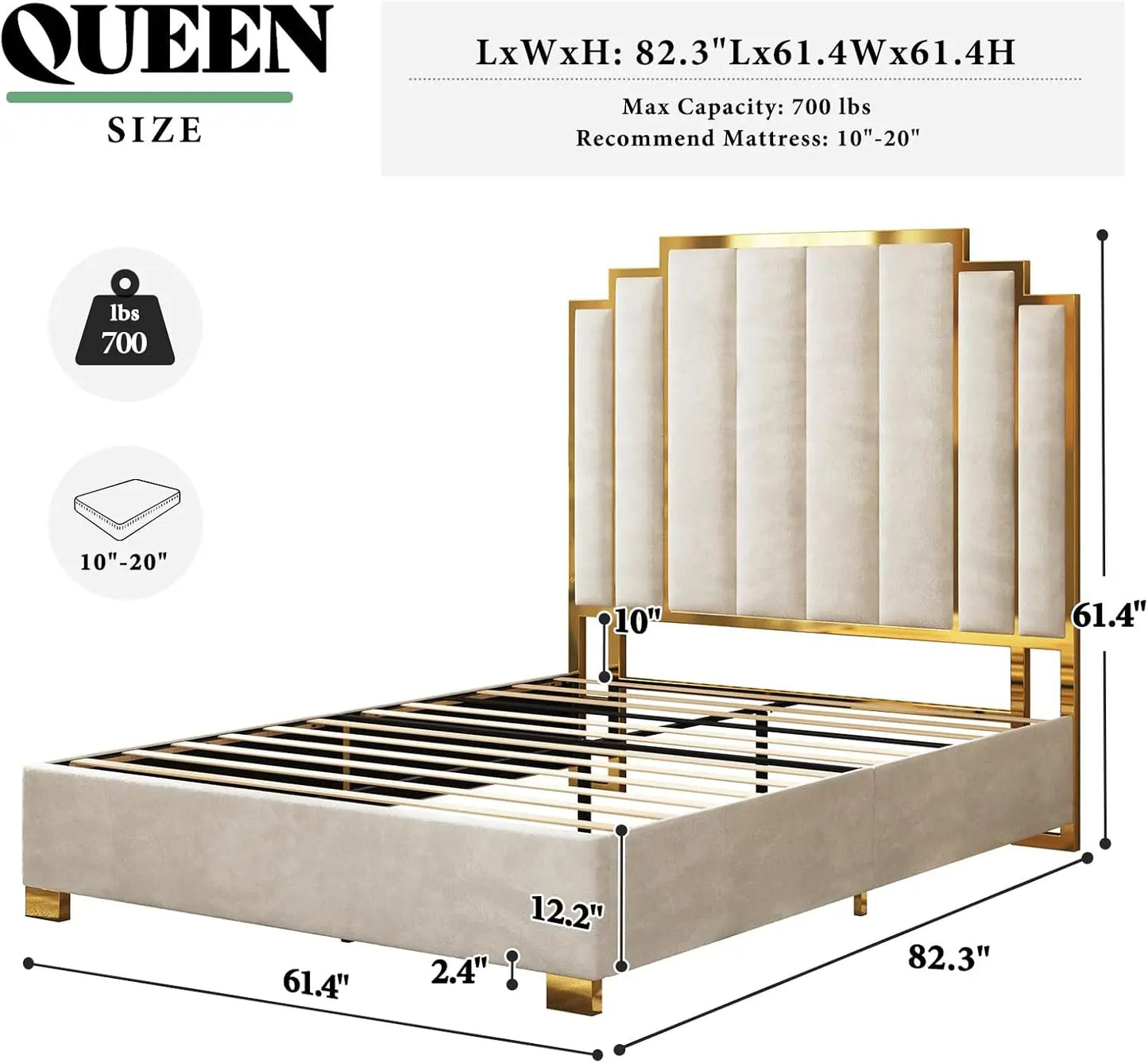 Cream Velvet Upholstered Bed Frame With Tall Gold Trim Headboard No Box Spring