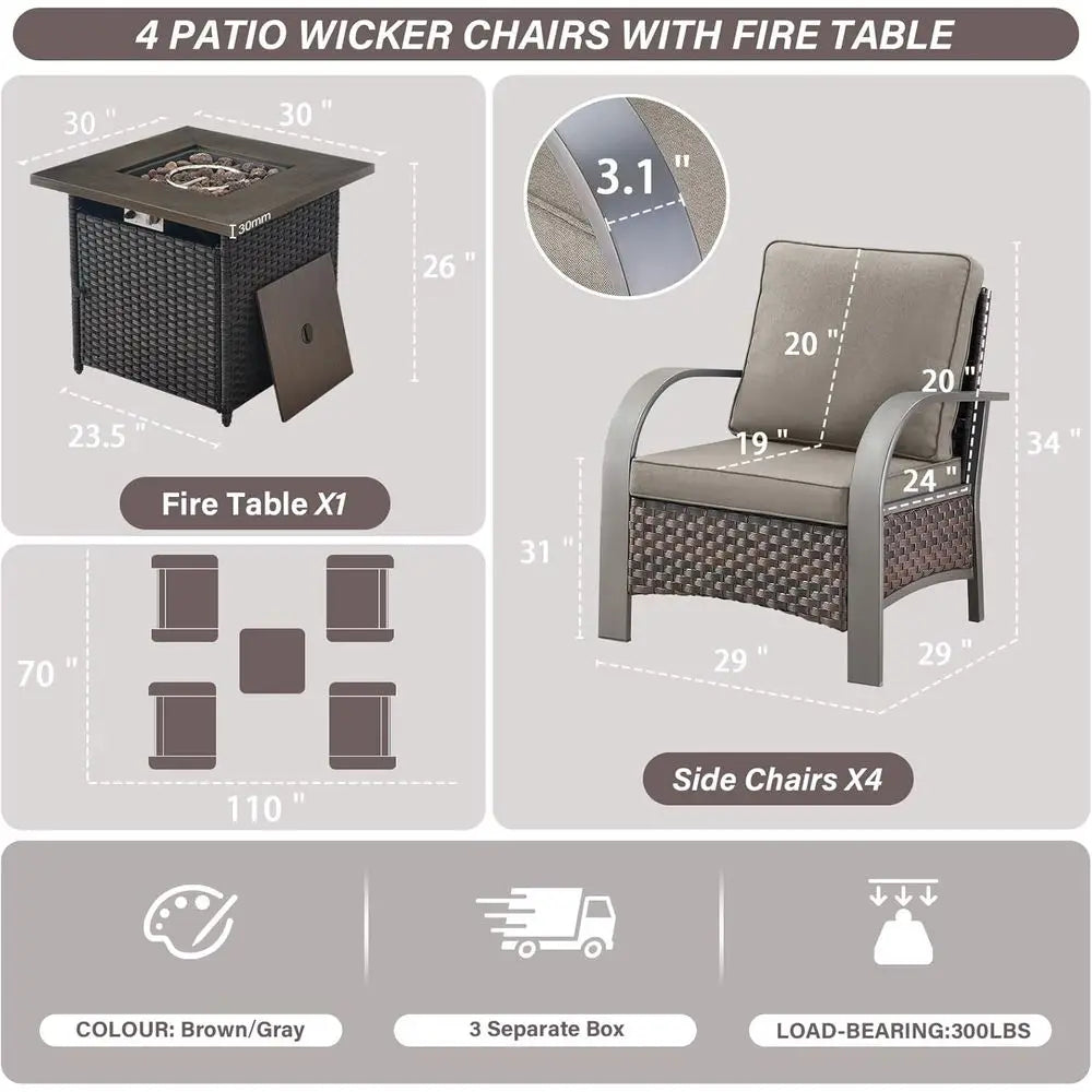 5 Piece Patio Furniture Set With Fire Pit Table And 4 Wicker Chairs