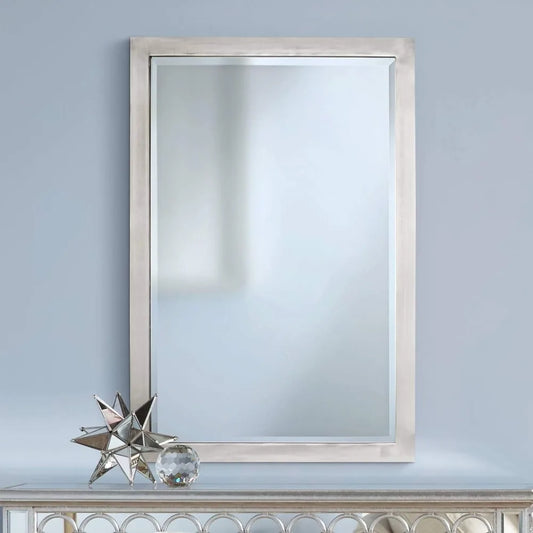 Metzeo Rectangular Vanity Decorative Wall Mirror Modern Brushed Nickel Silver Metal Frame Beveled Glass 33" Wide for Bathroom B
