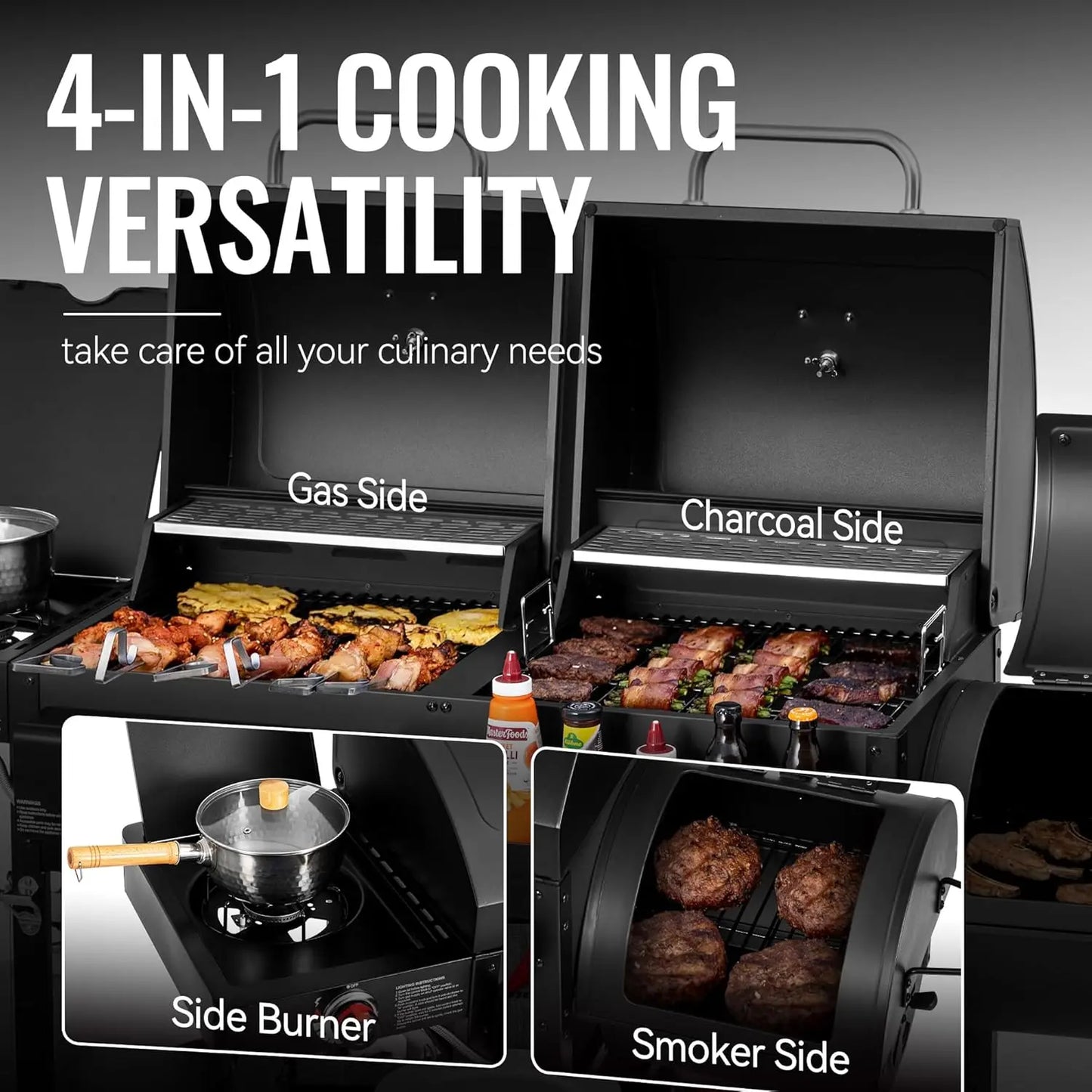 Dual Fuel Charcoal And Gas Grill With Offset Smoker 34000 BTU 1020 Square Inches