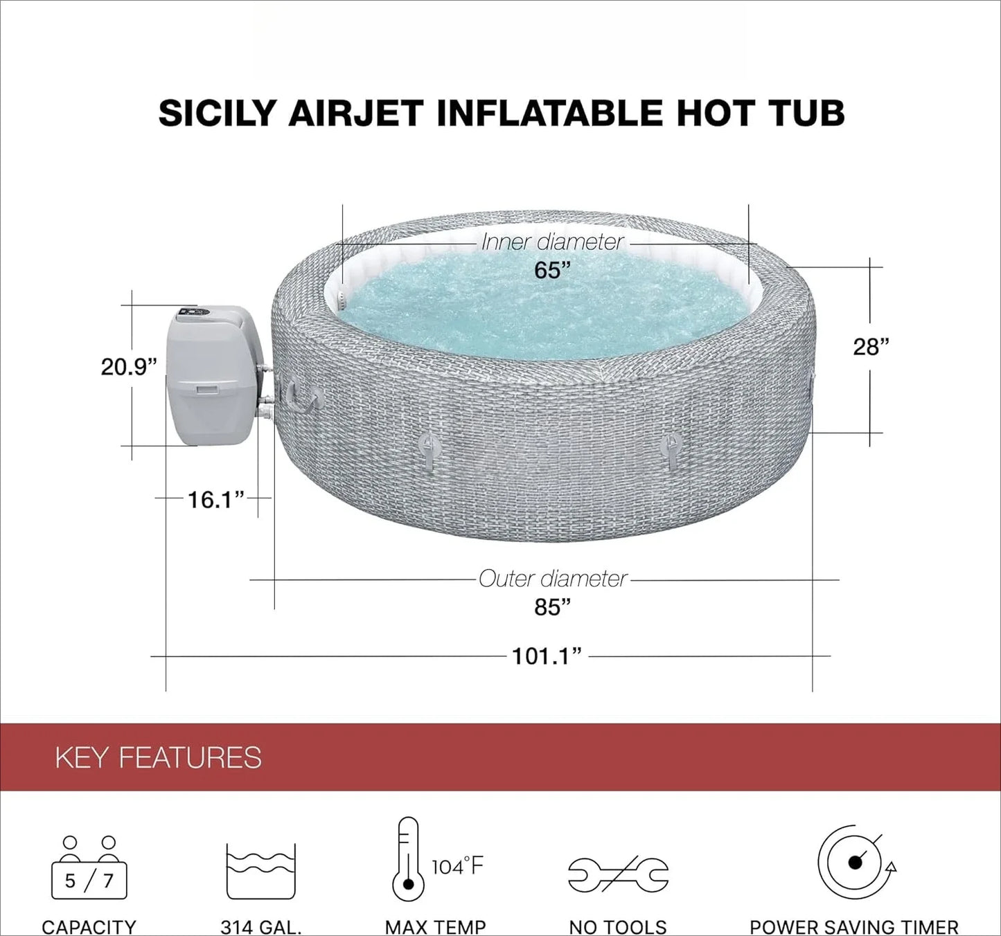 SaluSpa Sicily AirJet 7 Person Round Inflatable Hot Tub Gray