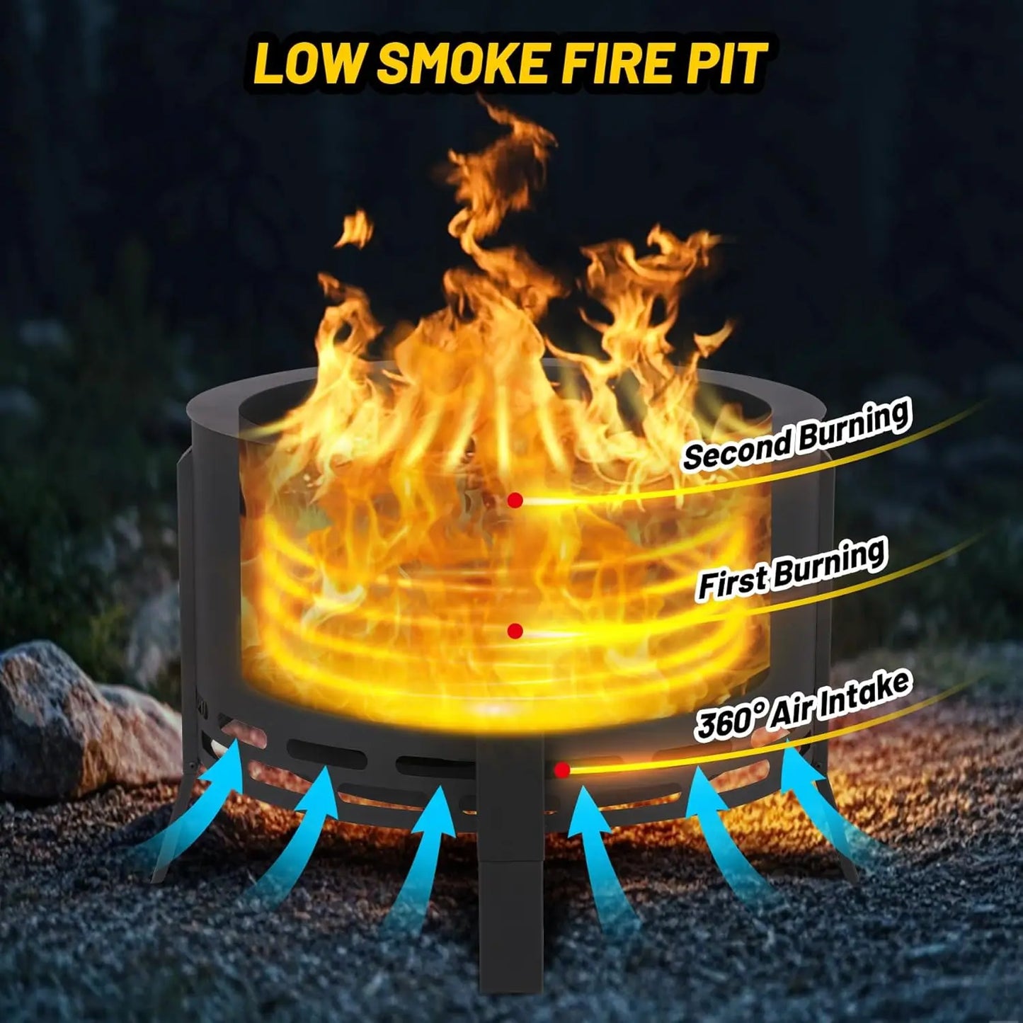 26 Inch Smokeless Fire Pit Outdoor Folding Feet Multi Fuel