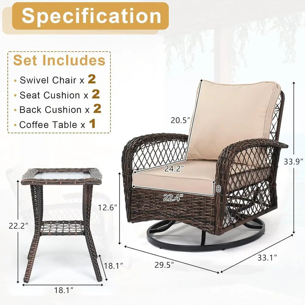 Outdoor Three Piece Patio Furniture Set With Swivel Chairs And Bistro Table