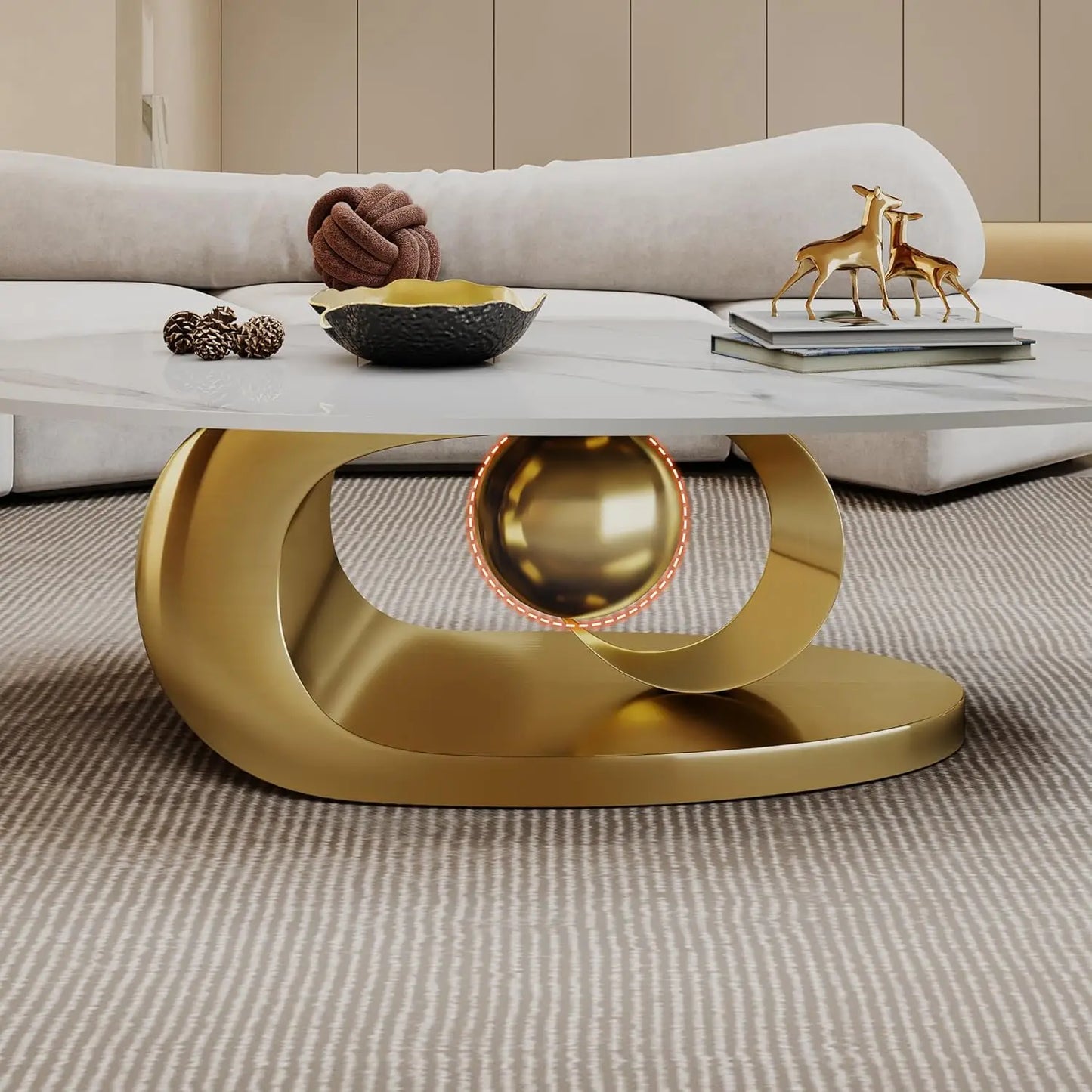 Modern Oval Coffee Table With Stainless Steel Pedestal And Faux Marble Top