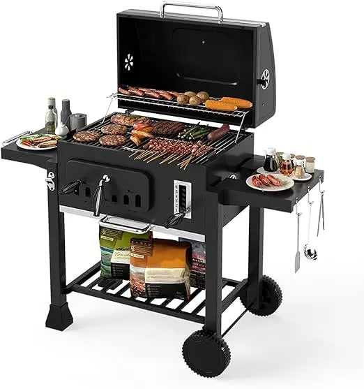 Adjustable Charcoal Grill With Thermometer And Side Tables
