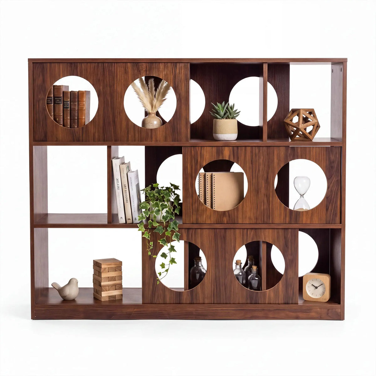 Low Wood Bookshelf With Round Cutout Cubbies Organizer