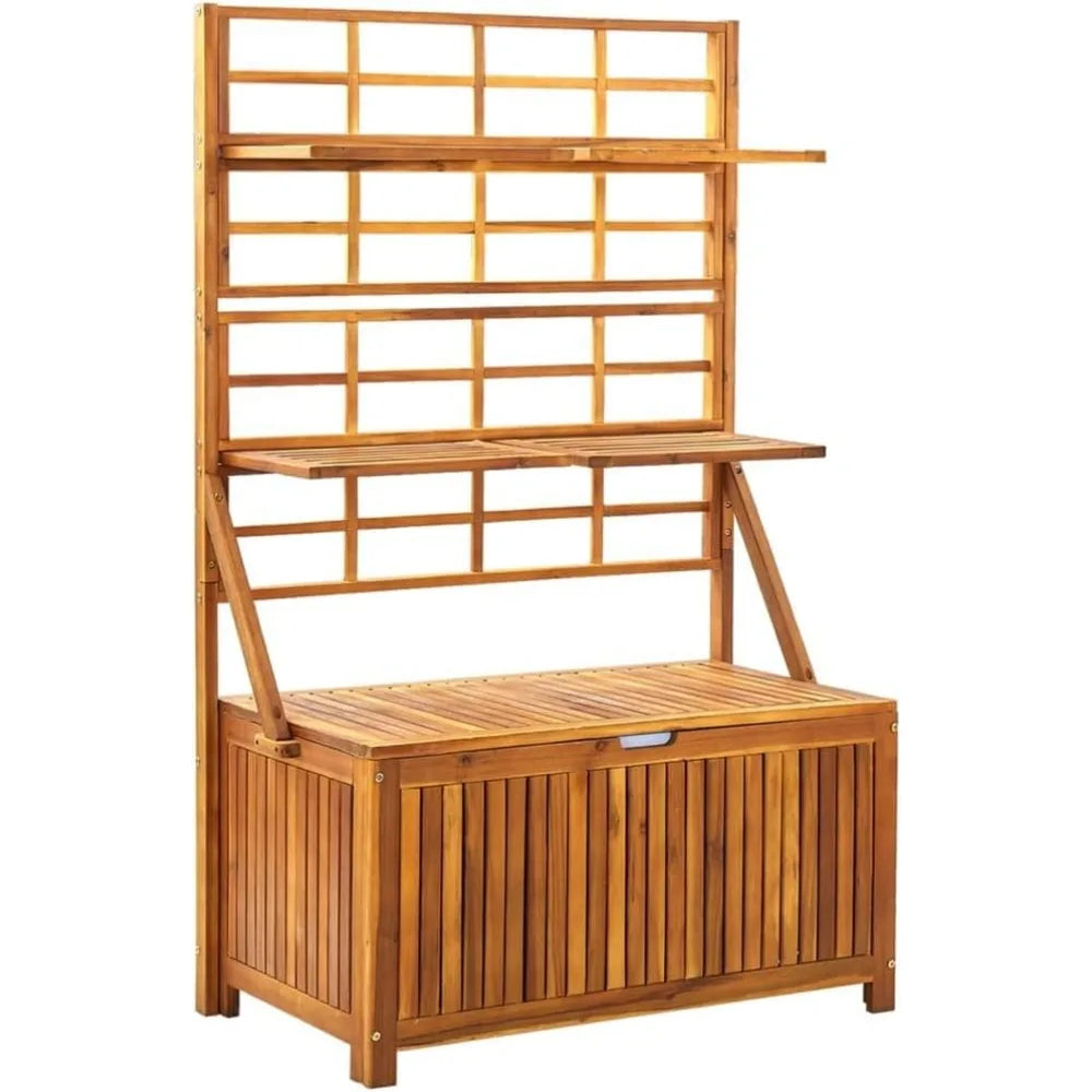 Outdoor Storage Box with Integrated Trellis, Solid Acacia Wood, Adjustable Shelves for Plants and Flowers, 39" x 21.7" x 63"