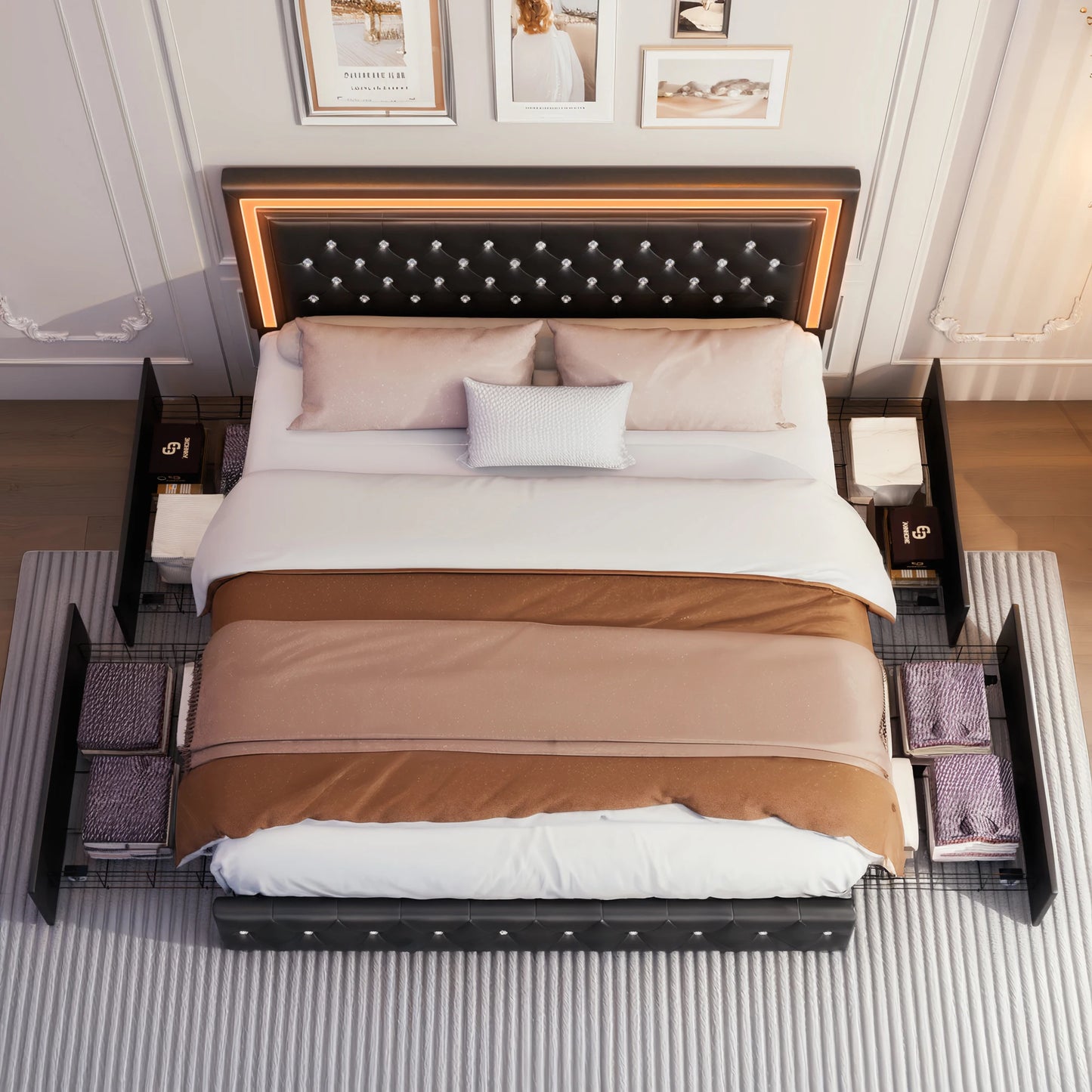 Queen Platform Bed With 4 Storage PU Leather No Box Spring Easy Assembly 900lbs