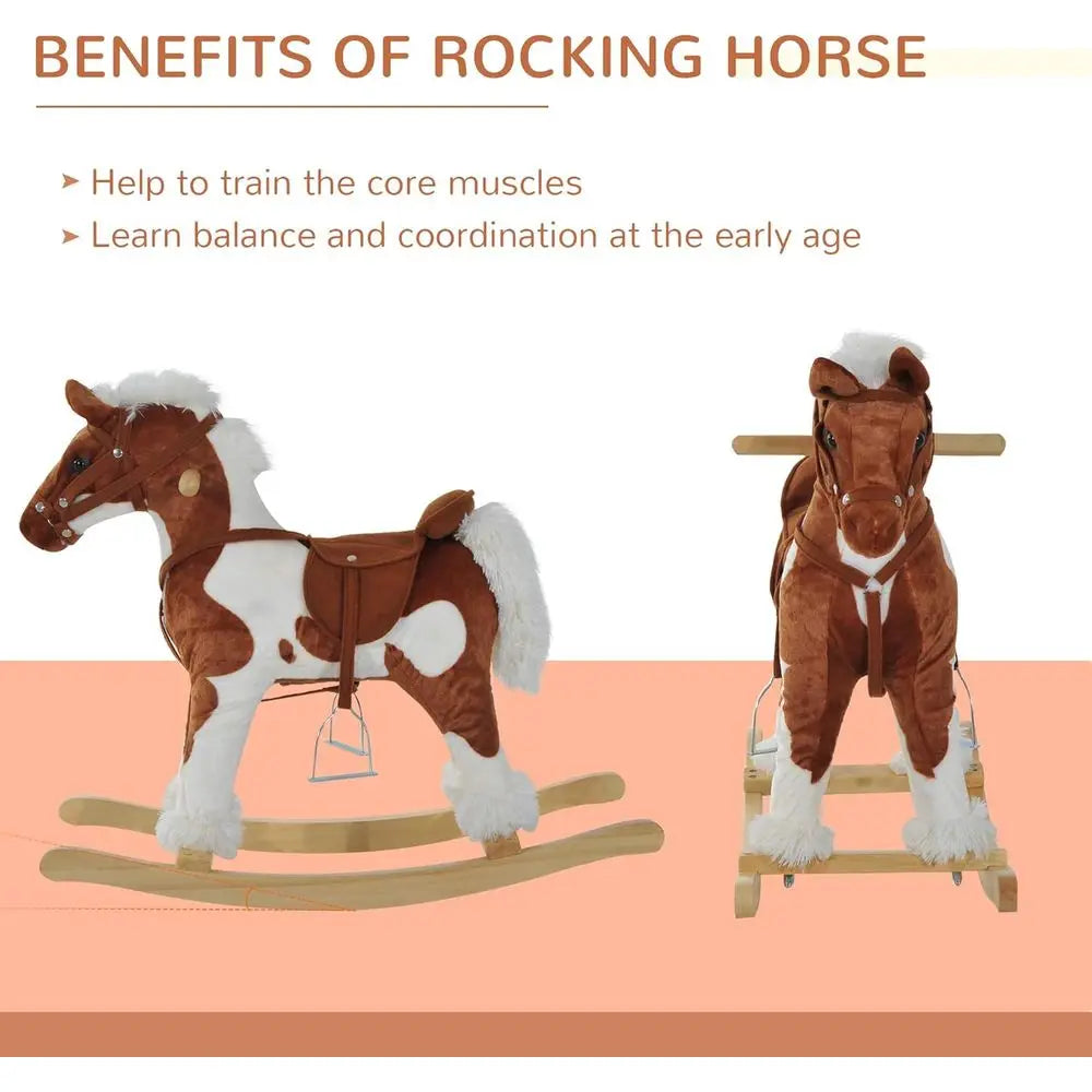 Toddler Ride On Wooden Rocking Horse Plush Seat Nursery Rhyme Music Brown