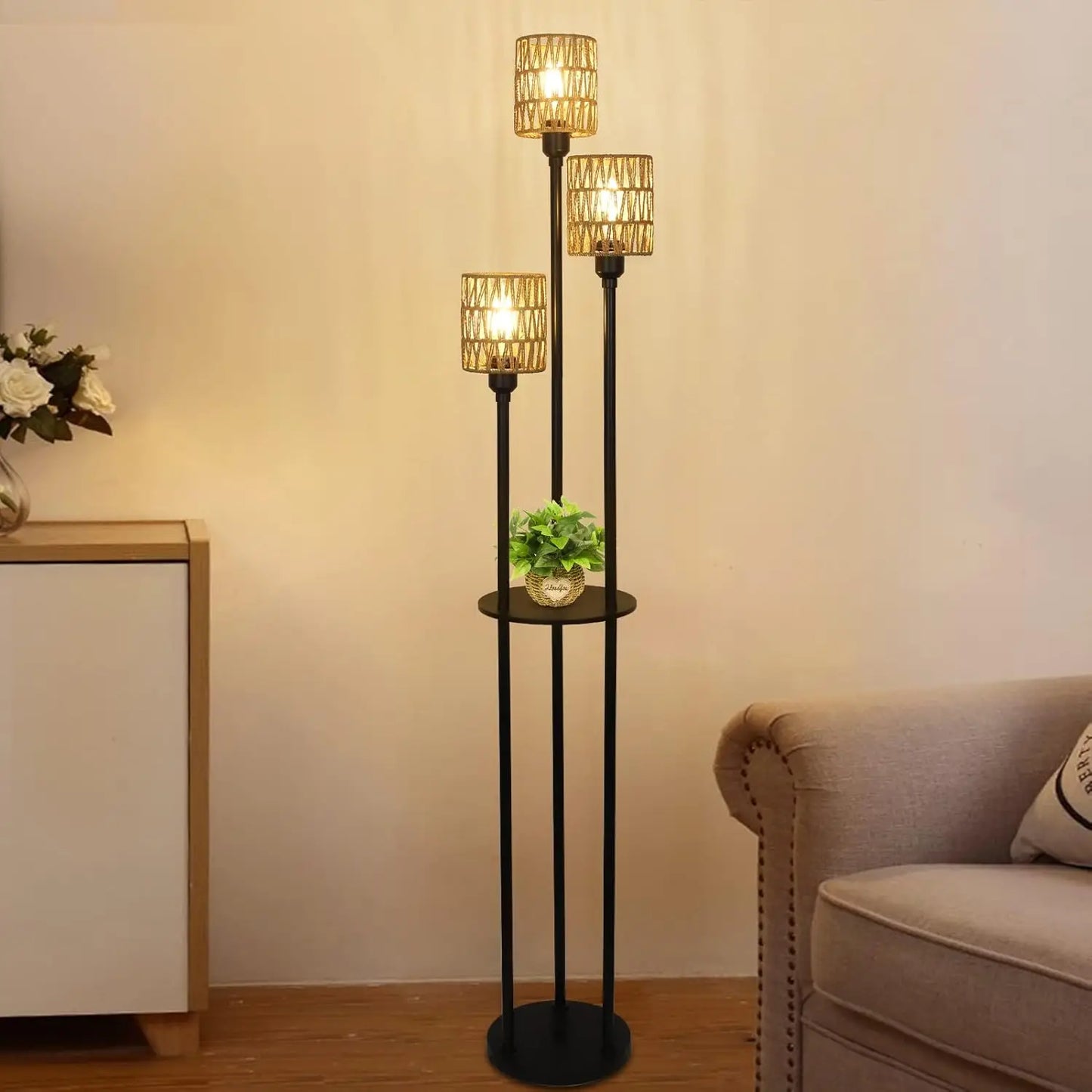 Boho Rattan 3-Light Floor Lamp with Shelves and Foot Switch for Living Room Bedroom Office