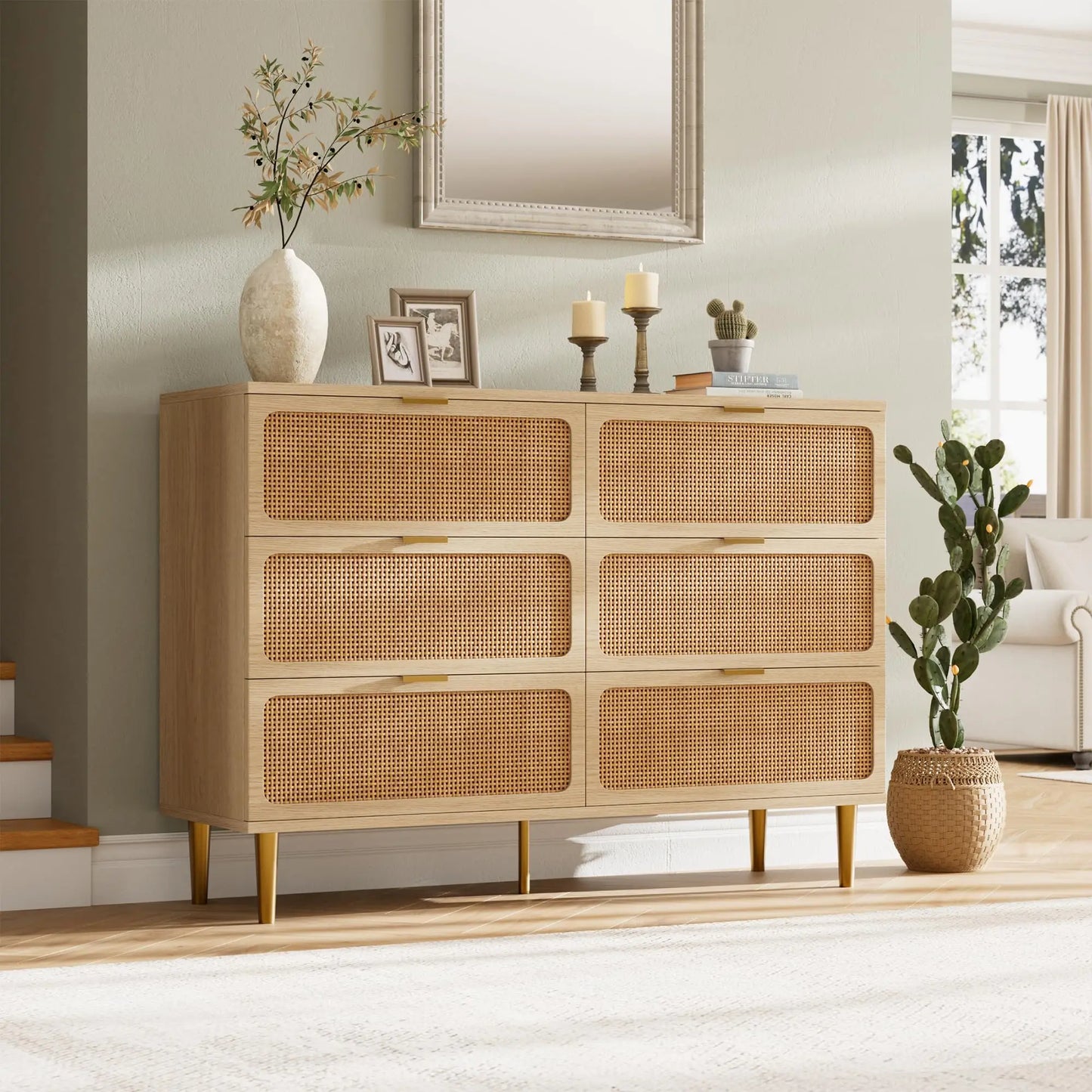 6 Drawer Rattan Dresser Natural Handwoven Rattan Wood For Bedroom Living Room