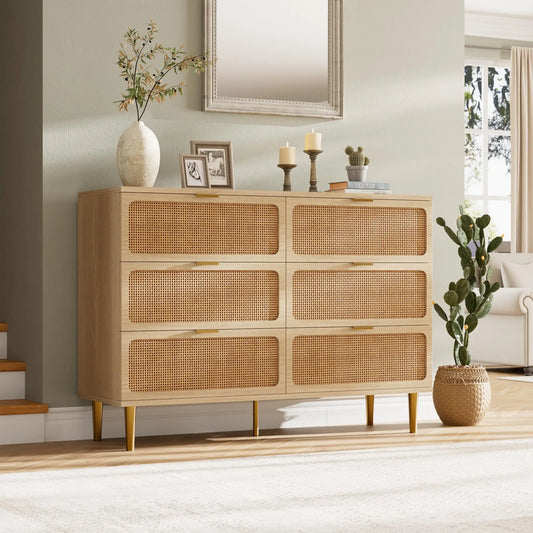 6 Drawer Rattan Dresser Natural Handwoven Rattan Wood For Bedroom Living Room