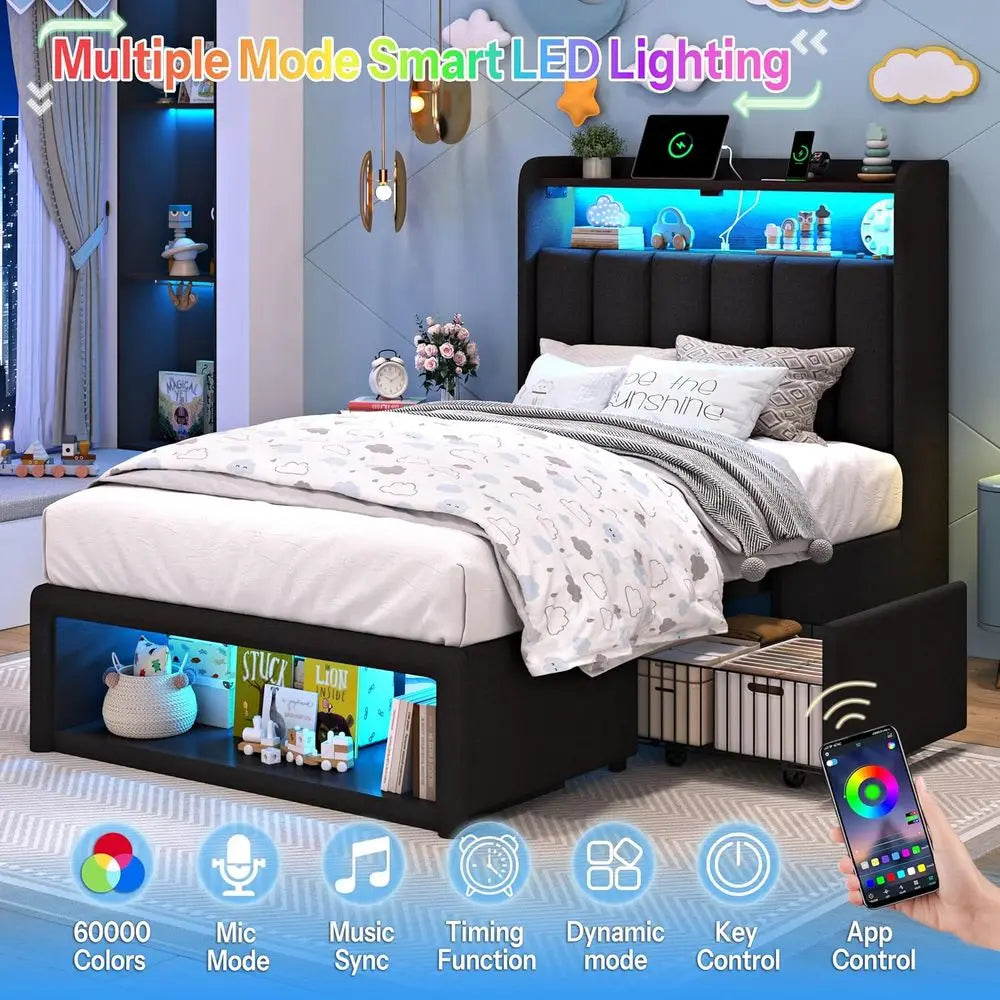 Twin Bed Frame With LED Lights And Charging Station Upholstered Storage Bed