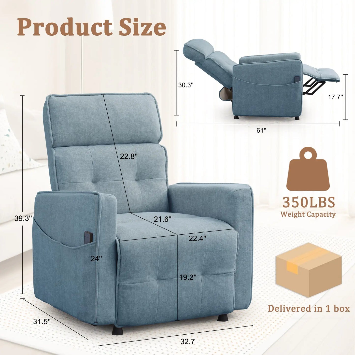 Electric Power Velvet Recliner For Adults With One Touch Adjustment And Pockets