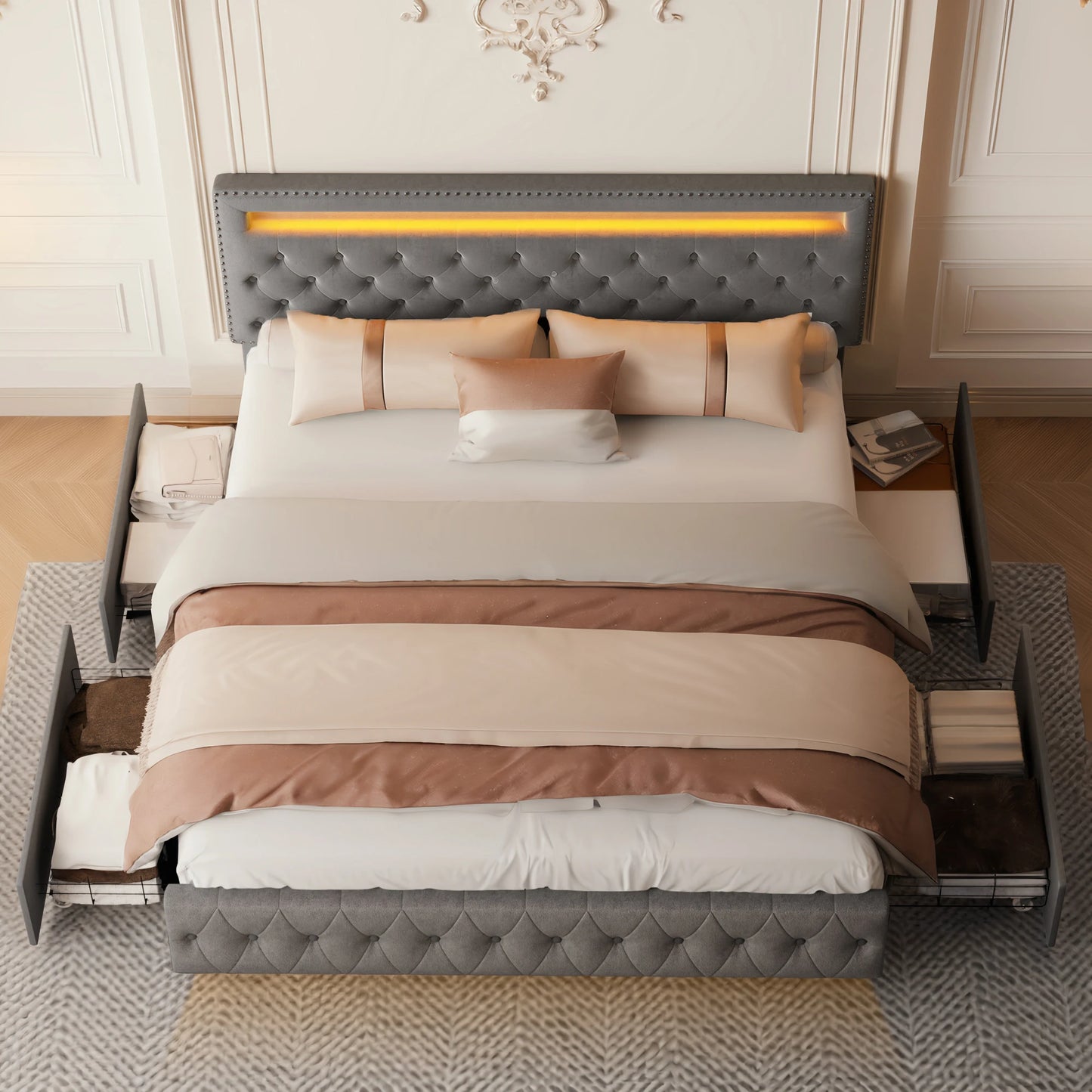 GEGOFORU Full Size LED Bed Frame Storage Drawers RGBW Lights PU Velvet