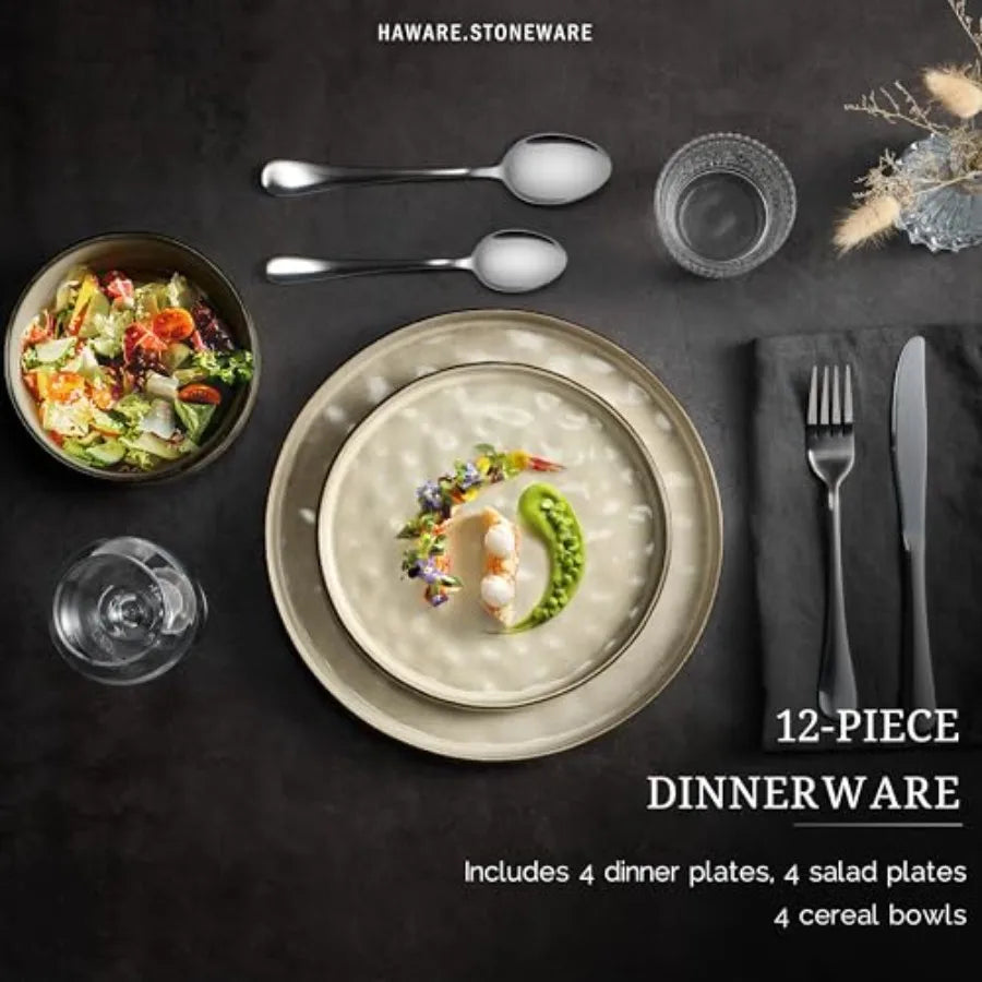 12 Piece Stoneware Dinnerware Set For 4 Plates And Bowls Ceramic