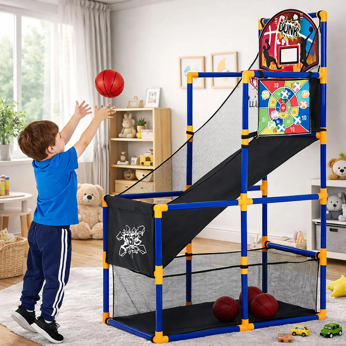 Kids Basketball Set Adjustable Indoor Outdoor Hoop With Ball Return Ramp