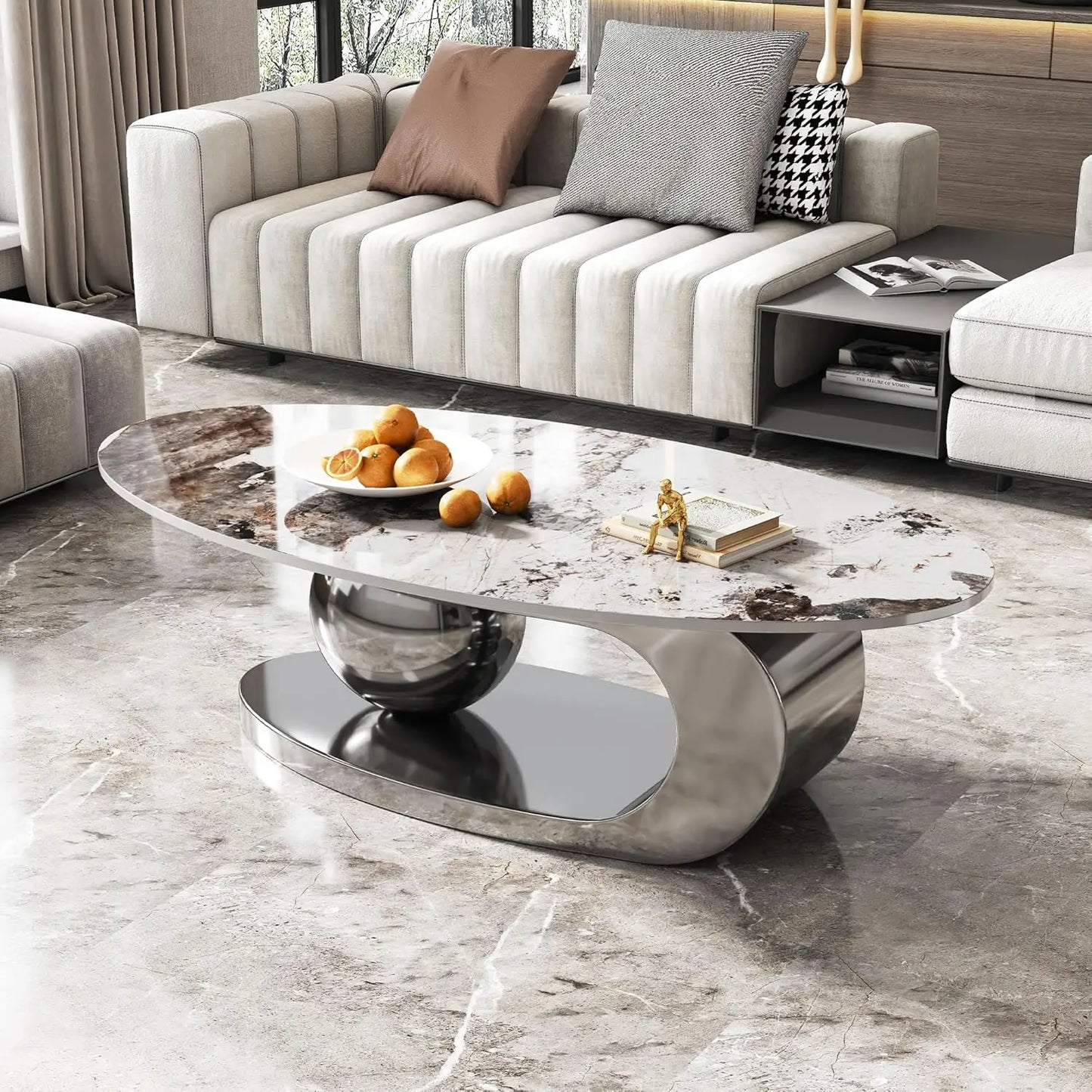 Modern Coffee Table With Silver Stainless Steel Pedestal Faux Marble Top
