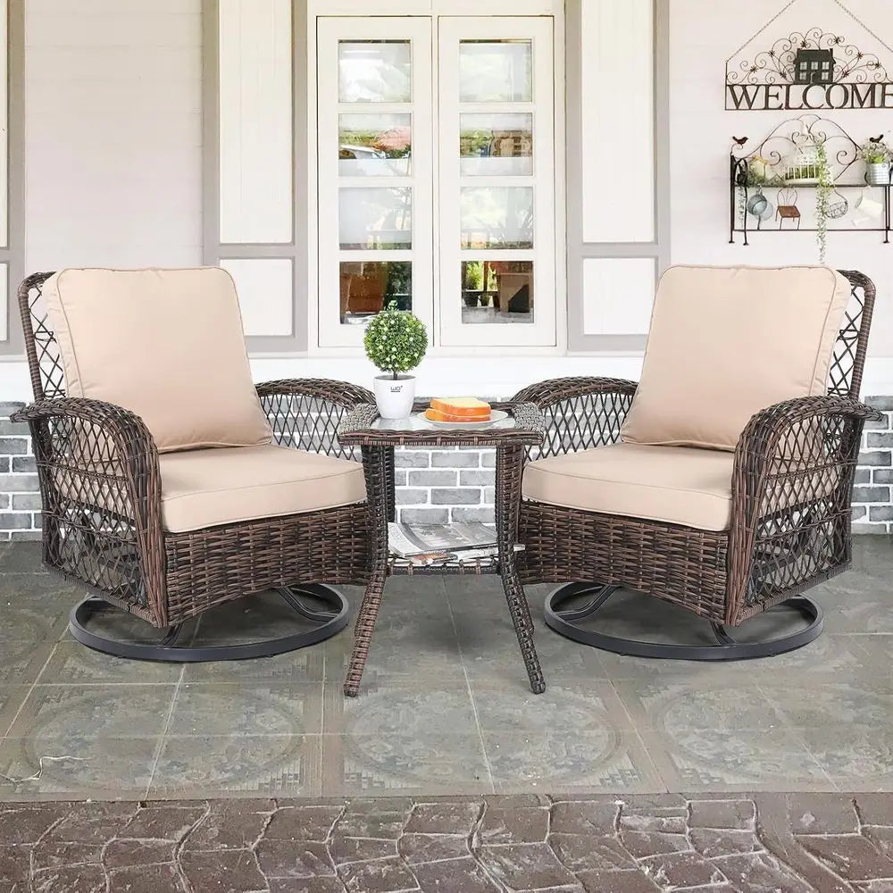 Outdoor Three Piece Patio Furniture Set With Swivel Chairs And Bistro Table