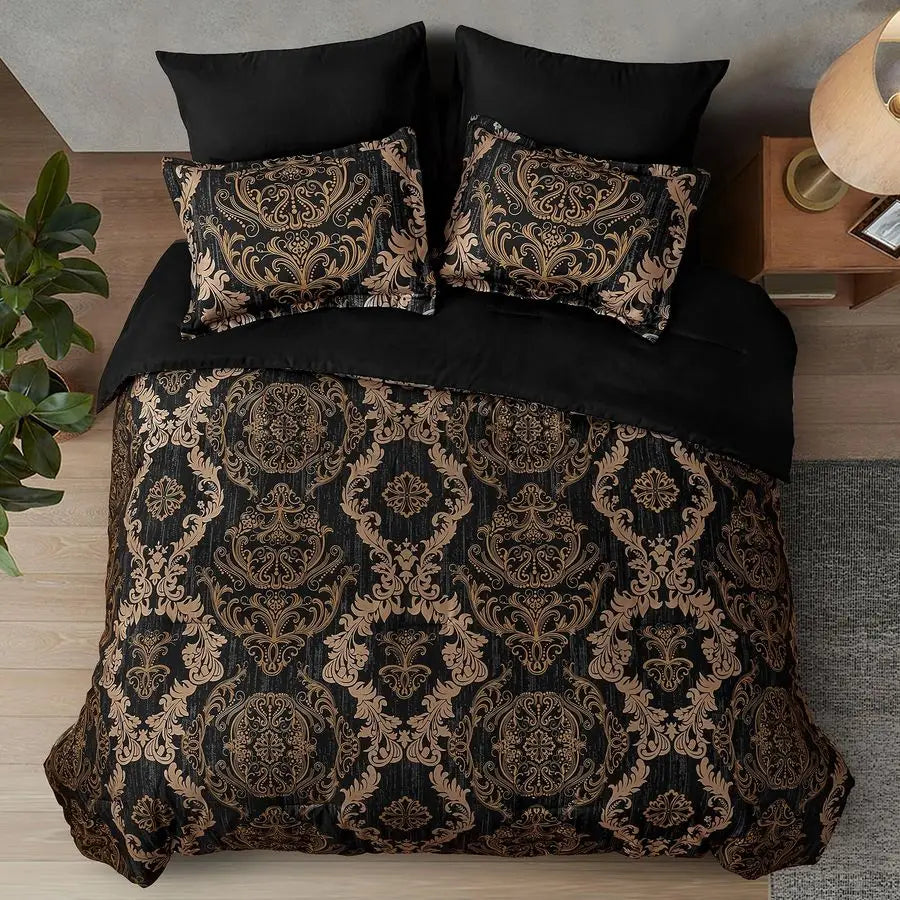 Black King Size Comforter Set Gold Damask Microfiber Bed in a Bag 7 Pieces