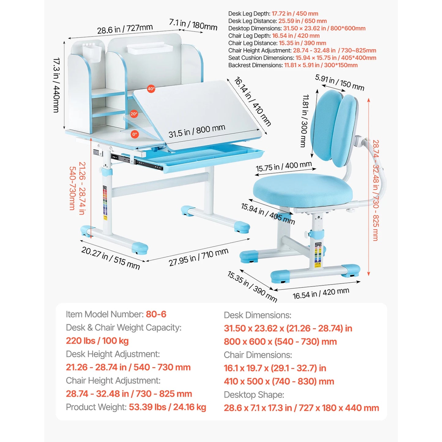 SucceBuy Kids Study Desk And Chair Set With Adjustable Height And Table Lamp