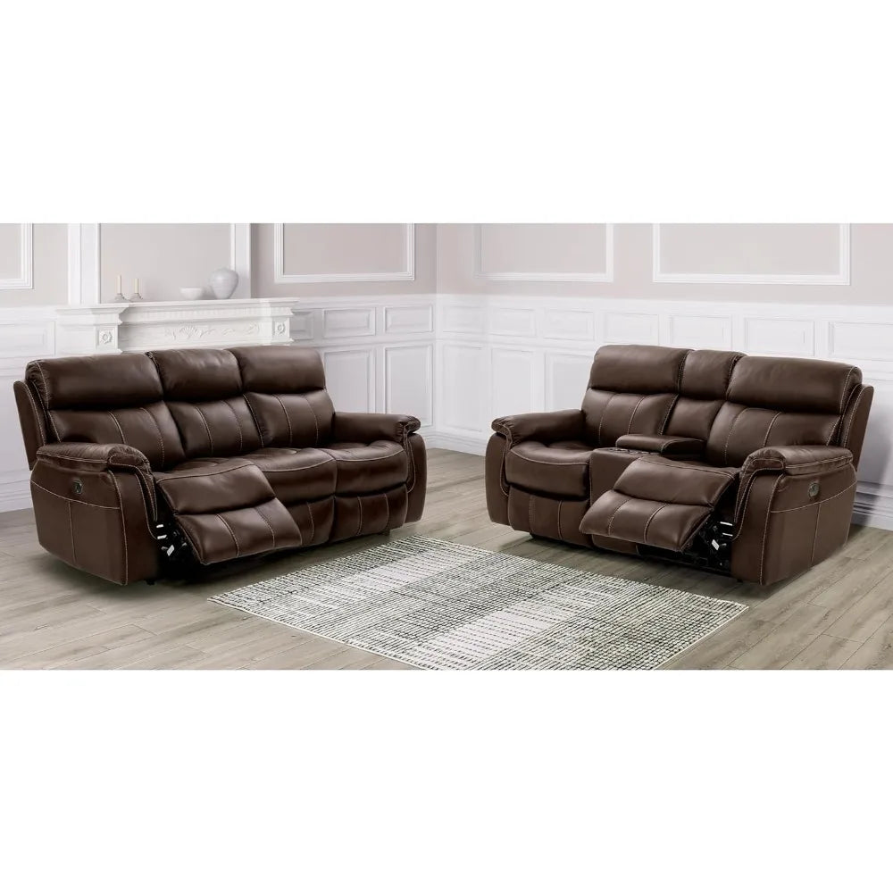 Corrals Top Grain Leather 2-Piece Power Recline Sofa Set with Pillow Top Arms, Cup Holders for Living Room
