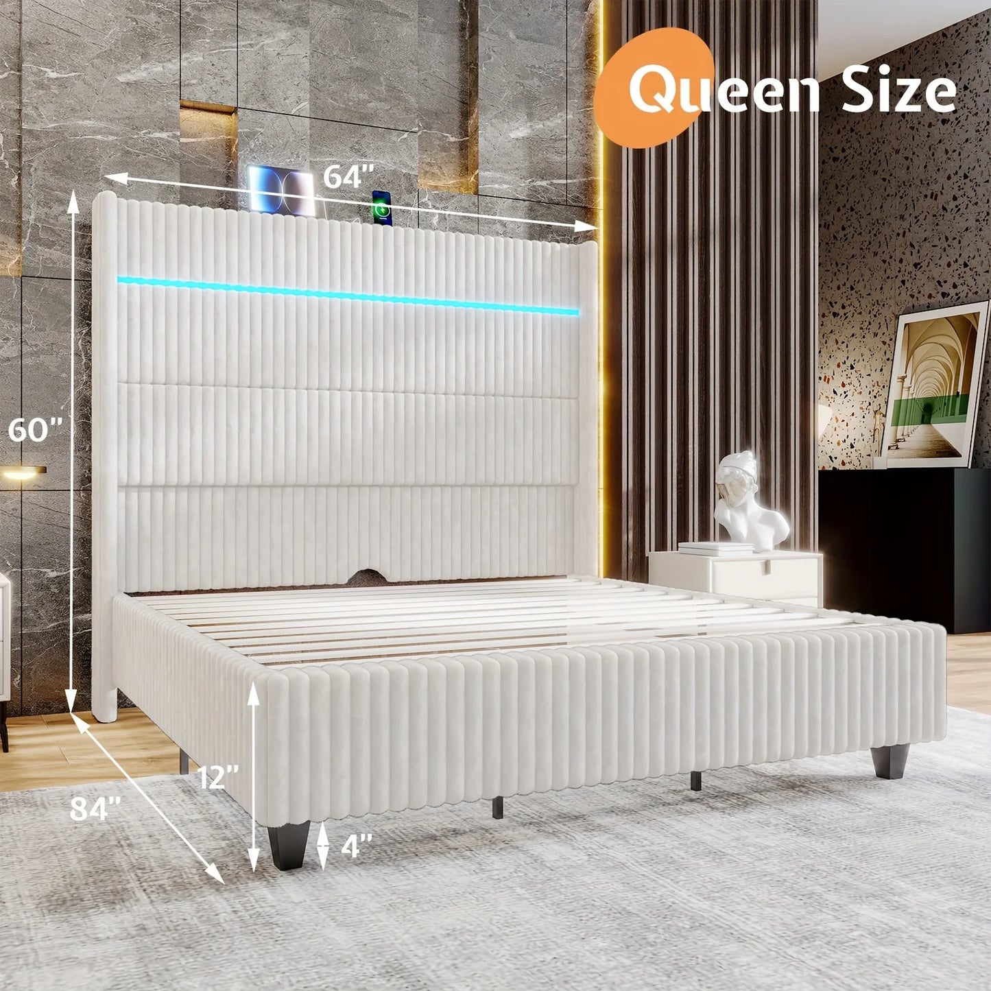 Luxoak Queen King Size LED Platform Bed Frame 60in Wingback Headboard And USB