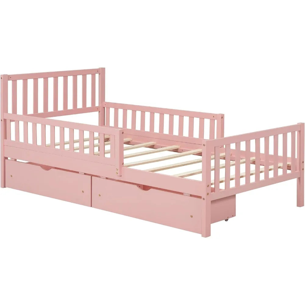 Pink Kids Twin Bed with Guardrails and Headboard Footboard 2 Drawers