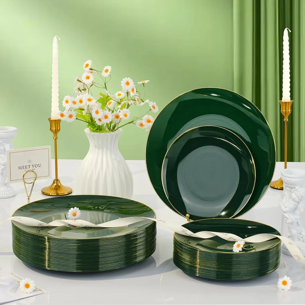 Green Gold Plastic Dinnerware Set 350 Pcs Disposable Plates And Cups For Party