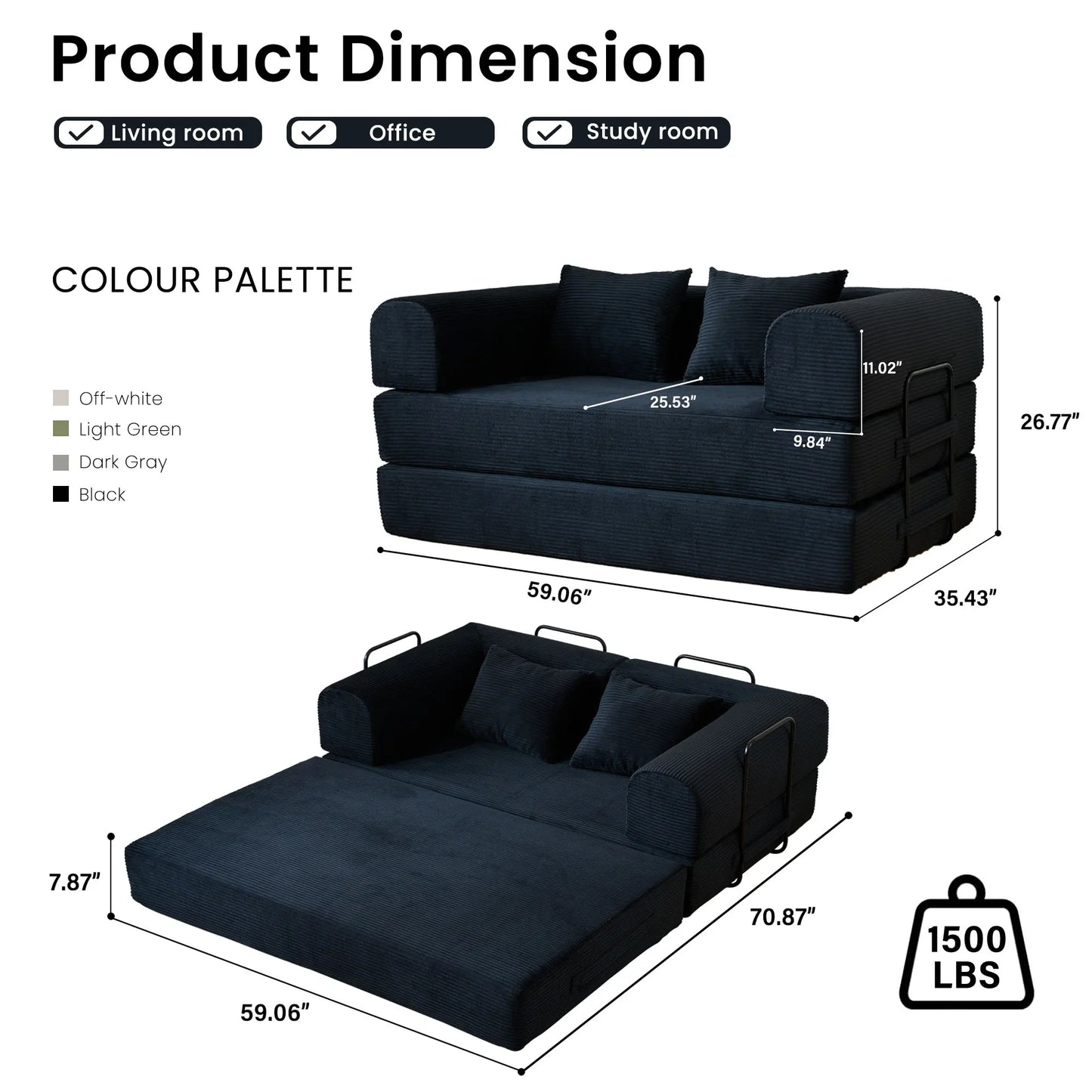59 Boneless Foldable Sofa Bed Convertible 2 Seater Corduroy Couch Sleeper