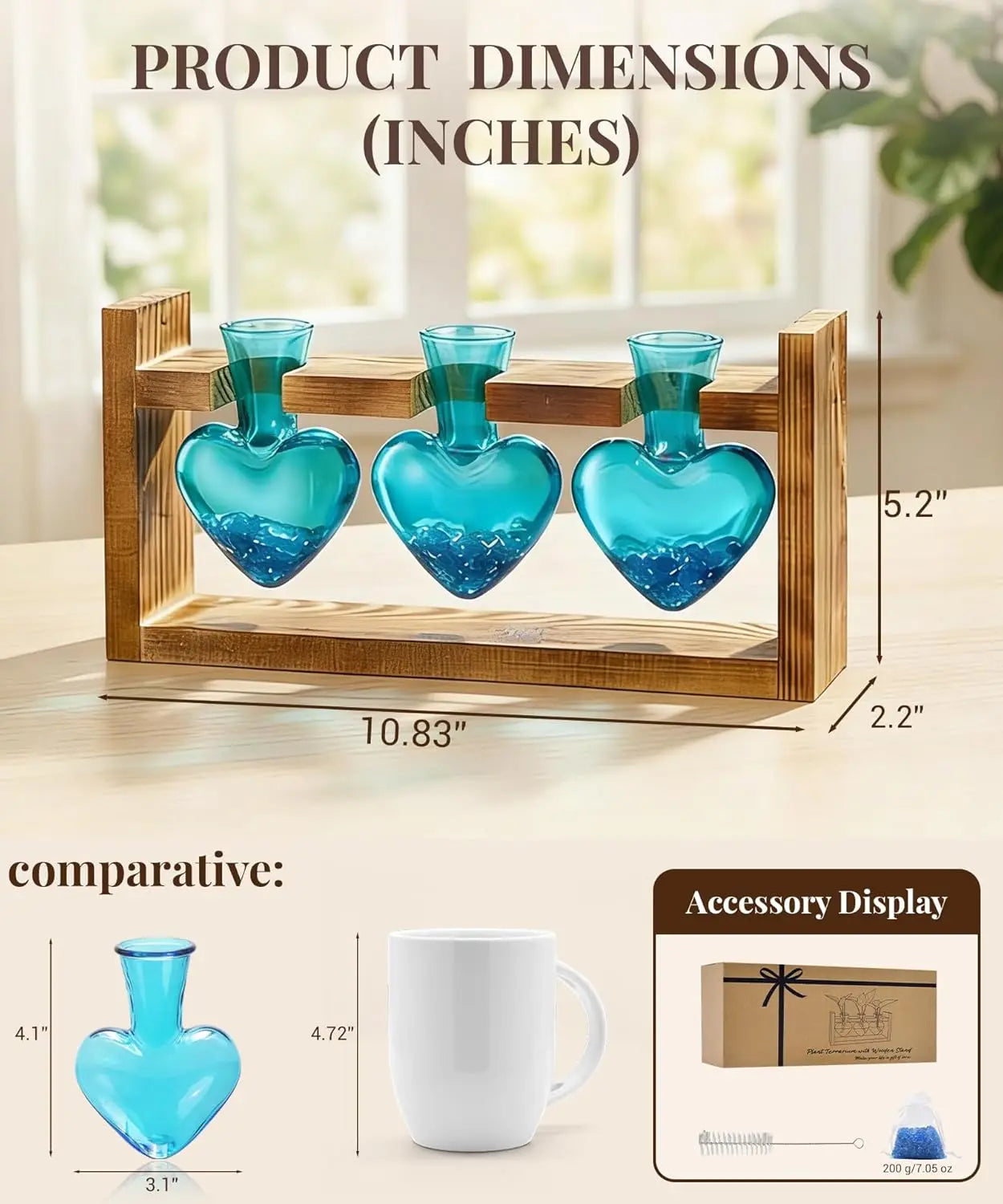 Heart Shaped Propagation Station With 3 Glass Vases Wooden Stand Home Decor