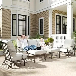 5 Piece Outdoor Patio Furniture Set 2 Rocking Chairs 3 Seat Sofa 2 Ottomans