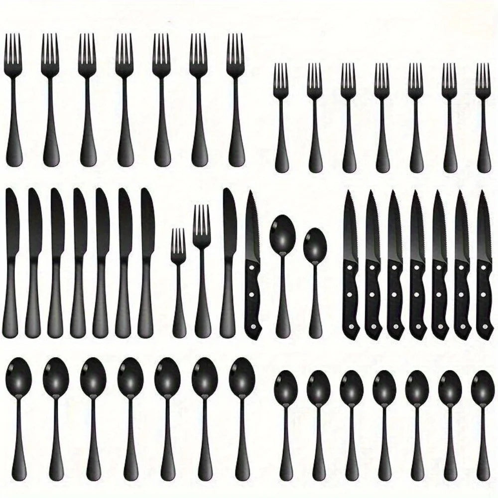 36-Piece Black Flatware Set With Steak Knives Food-Grade Stainless Steel Cutlery
