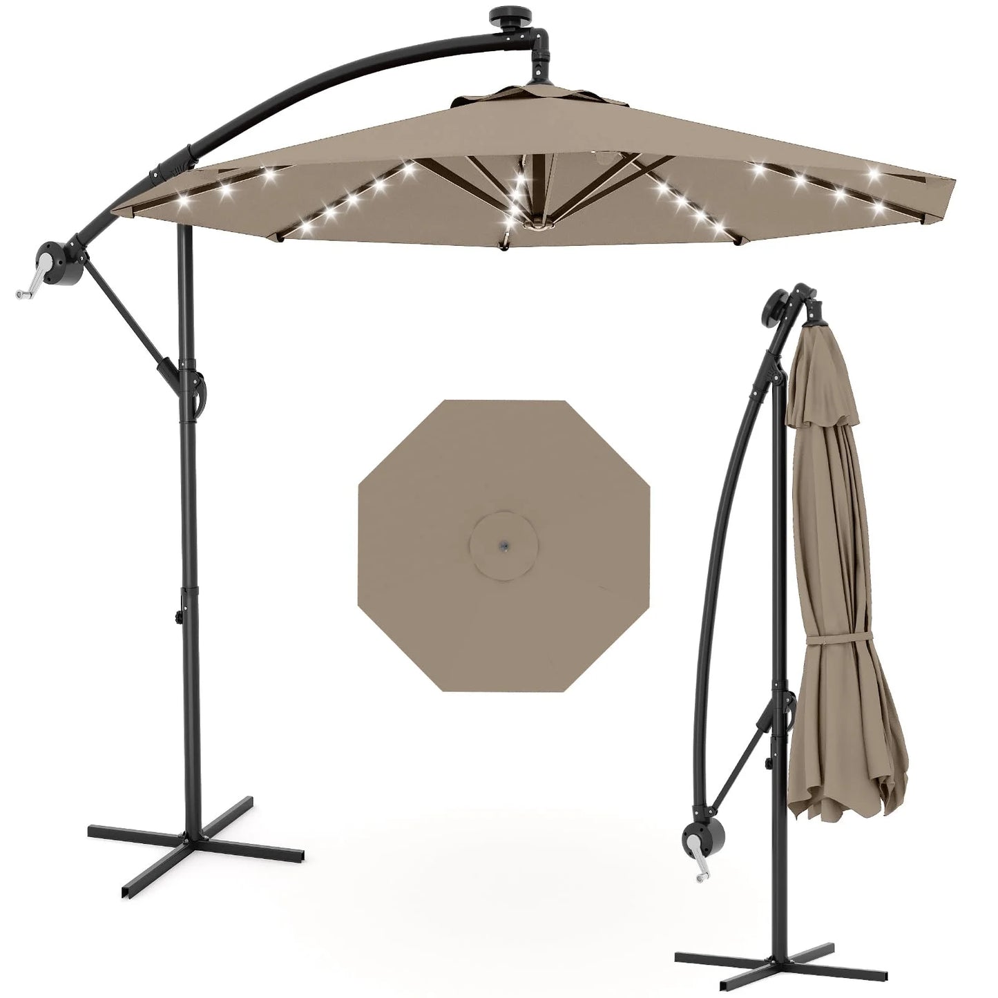 10Ft Cantilever Offset Patio Umbrella With Solar LED Lights